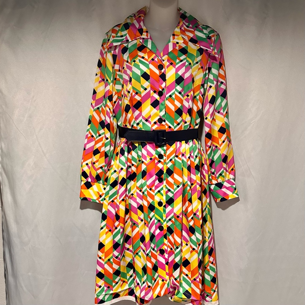 Vintage 70s Colorful Geometric Patterned Shirt Dress Made in USA